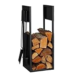 Relaxdays Kaminholzregal mit Besteck, Metall, HBT: 76,5x36x30 cm, Brennholzregal innen, Holzscheite & Brennholz, schwarz