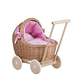 e-wicker24 Alles aus Weide Puppenwagen aus Weide mit Bettwäsche perfekte Geschenkidee Korbpuppenwagen schöner Spielzeug aus Korbgeflecht Korbwagen für Puppen Spielzeug für Mädchen (Pink 1)