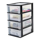 Iris Ohyama, Kunststoff Schubladenbox mit 4 flachen Schubladen, Schwarz, Easy-Pull-System, A4, A5 & A6 Format, Schreibtisch Organizer für Büro, Schule, Schreibwaren, BPA-frei, Schubladenschrank,
