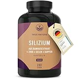 VERGLEICHSSIEGER* Silizium - 240 Kapseln (714mg) - Organisches Silicium hochdosiert 500mg pro Tag - 250mg je Kapsel aus indischem Bambusextrakt - Haar Vitamine - Zink, Selen & Kupfer - TRUE NATURE