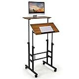 COSTWAY höhenverstellbarer Sitz-Steh Schreibtisch auf Rollen, Mobiler Stehschreibtisch mit 2-stufiger Computerarbeitsplatz, Laptoptisch Stehpult Stehtisch Workstation für Zuhause Büro (Braun)