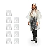 Relaxdays Regenponcho Einweg, 10er Set, Einmalregencape mit Kapuze, Erwachsene, Notfallponcho Damen, Herren, transparent, Einheitsgröße