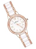 MicLee Damenuhr Analoge Rosegold Leuchtzeiger Armbanduhr Blumenmuster Digitales Zifferblatt aus Keramik Edle Quarzuhr