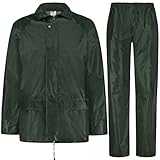 BWOLF HIMALAYA Herren Regenanzug Langarm wasserdicht mit Elastischer Taille Kapuzenjacke Anzug Regenbekleidung Regenjacke + Regenhose 2 Taschen (Dunkelgrün, XL)