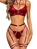 RSLOVE Damen Dessous Set mit Strapse - Sexy Unterwäsche BHS und Slips Reizwäsche 6-Teilig Rot L