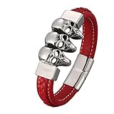 Daesar Lederarmband Herren Personalisiert, Charm Armband 16.5CM Totenköpfe mit Magnetverschluss Freundschaftsarmband Gothic Armbänder Männer Rot