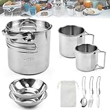 REFORUNG 9-Teiliges Camping Kochgeschirr Set 1.2L Camping Kochen Teekessel Kaffeekanne mit Camping Becher Camping Picknick Teller Edelstahl Reisebesteck Set für 1-3 Person Outdoor und Camping