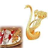 Kaffeelöffel-Set – 6 Edelstahl-Löffel + 1 Schwanenbasis, kreativer Rührlöffel für Kaffee/Dessert/Tee, Küchenbesteck mit Aufbewahrungshalter (Golden)