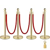 VEVOR Edelstahl Absperrpfosten Seil Abgrenzungsständer Kugelkopf 3 Rote Samtseile Goldene Säule 4 Packung Crowd Control Barriers Gold