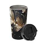 Goldweiße Schmetterlinge, schwarz, tragen eine isolierte Kaffeetasse. Stilvolle 500-ml-Thermoskanne, die Getränke stundenlang heiß hält, perfekt für Kaffee, Tee und mehr.