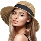 VIFUUR Damen Strohhüte Breiter Rand Sommervisier Strand Sonnenhut Verpackbare UPF UV Faltbare Reise Brown M