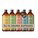 Saunaaufguss 5x 1L Set – Sauna Zubehör & Sauna Aufgussmittel für intensiven Saunaduft – mit Bio-Ethanol, ohne Emulgatoren, recycelte Flasche