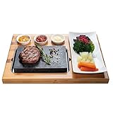 Beefstone Lavastein Steak-Brett Hot Stone Steingrill Set aus Bambusbrett Lavastone, Porzellan-Platte und Edelstahl Unterlegplatte, Fleisch, Fisch grillen auf heißem Stein