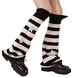 Gestrickte Beinwärmer Damen Streifen Stulpen Gothic Punk Kniestrümpfe Retro Sterne Muster Y2K Leg Wärmer Stiefel Stulpenwärmer für Frauen(Khaki, Einheitsgröße)
