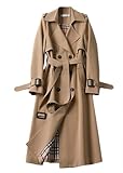 shownicer Damen Trenchcoat Jacke Cardigan Zweireiher Langer Mantel Winddichter Wintermantel Windjacke Übergangsmantel mit Taschen Einfarbig Revers Damenmantel mit Knöpfen A1 Khaki L