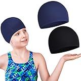 2 Stück Badekappe für Kinder wasserdichte Badehaube Unisex Bademütze für Langes und Kurzes Haar Schwimmkappe für Jungen und Mädchen (Schwarz, Dunstblau, Einfarbiges Muster)