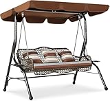 YODOLLA 3-Sitzer Hollywoodschaukel mit verstellbarem Baldachin, Gartenschaukel mit 2 Seitentabletts, 3 Kissen & abnehmbarem Kissen, Patio Wicker Swing mit Ständer für Erwachsene, Balkon, Garten, Deck