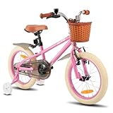 HILAND 16 Zoll Kinderfahrrad für Mädchen Jungen 4 5 6 7 Jahre mit Stützräder, Handbremse und Rücktrittbremse Korb Rosa