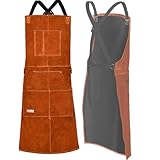 LeaSeek Schweißerschürze aus Leder,Grillschürze für Damen und Herren (Braun 61 x 91cm（ 6 Taschen）)