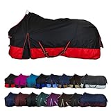 RL24 - Winterdecke Weidedecke 600D Basicline – atmungsaktive, Wind- & wasserdichte Outdoordecke mit Innenfutter & Kreuzbegurtung – Pferdedecke in Schwarz/Rot – 145cm (100g/m² Füllung)