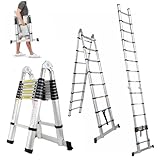 Teleskopleiter 5 m Klappbar Alu Leiter mit Rutschfesten Gummifüßen und Arretiermechanismus, 5m Ausziehleiter Aluleiter Stehleiter, max. 150 kg Tragkraft