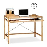 Relaxdays Computertisch Holz, Tastaturauszug, Bürotisch ausziehbar, Schreibtisch massiv, HxBxT: 76,5x106,5x55,5cm, natur