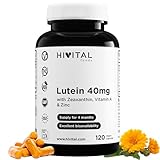 Lutein 40 mg. 120 vegane Kapseln für 4 Monate. Natürlicher Ringelblumenblütenextrakt mit 40 mg reinem Lutein, 8 mg Zeaxanthin, Vitamin A und Zink. Hergestellt von HIVITAL