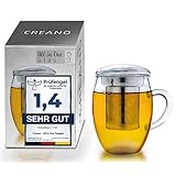 Creano Teeglas all in one 400ml, Große Teetasse mit Edelstahlsieb und Deckel aus Glas, Teebereiter in attraktiver Geschenkverpackung (1x 400ml)