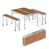 Wiltec Koffertisch mit 2 Bänken Holzdesign Aluminium 90x66x70 cm Campingtisch klappbar Sitzgruppe Campingmöbel Outdoor Tisch