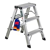 PROREGAL Trittleiter 3 Stufen klappbar Alu Stehleiter Aluleiter beidseitig begehbar bis 150kg belastbar 60x35x50cm Aluminium rutschfest Stufenstehleiter leicht Klapptritt Tritthocker