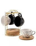 HOME DECOR Keramik Cappuccino Tassen 4er Set, 220ml stapelbare Cappuccino Tassen und Untertasse mit Metallständer für Kaffeeliebhaber, Cappuccino, Latte, Americano und Tee -Schwarz&Weiß