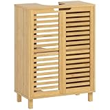 HOMCOM Waschbeckenunterschrank Badezimmer Unterschrank aus Bambus Badezimmerschrank mit 2 Lamellentüren und verstellbarem Einlegeboden, Waschtischunterschrank, Natur, 60 x 30 x 80 cm