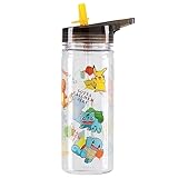 Pokemon Trinkflasche Kinder Trinkflasche Schule Jungen Mädchen Pikachu Plastik Wasserflasche Kinder 560/580ml ohne oder mit Strohhalm Auslaufsicher BPA-Frei (Transparent AOP)