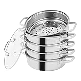 Dampfgarer Topf Edelstahl mit Glasdeckel, 5 Etagen Dampfkocher Dampftopf Induktion Gardampftopf Dampfkochtopf Kochtopf Ideal für Gemüse, Fisch, Suppe, Knöde (28cm)