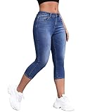 Flvsun Damen Capri-Jeans mit mittlerer Taille, lässig, Sommer, Po, Lifting, Skinny Denim, Blau, Groß