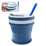 RZMZBY 350 ml Faltbarer Kaffeebecher,Coffee to go Becher Faltbar Silikon Wasserbecher mit Stroh,Deckel Leichter Mehrweg Coffee Cup Auslaufsicherer Travel Mug Faltbecher Blau