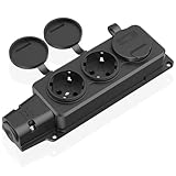 HITRENDS 3 Fach Steckdosenverteiler, Außensteckdose Wasserdicht IP54, Schutzkontaktsteckdosen mit Klappdeckeln, Mehrfachsteckdose für außen, 230V/16A max. 3500W, Aussensteckdose für Garten, Schwarz