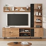 TIZZ TV Wohnwand-Set mit Vitrine bis 80', Mediawand inkl. TV Wohnzimmermöbel-Set und Regal mit 3 Schränke, Offene Regalböden, Anbauwand, Wohnzimmerwand, Holzfarbe + Schwarz