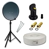 Premium X Camping Satelliten-Komplettanlage 45cm Satelliten-Schüssel Antenne SAT Single LNB 10m Kabel 2X F-Stecker Dreibein-Stativ