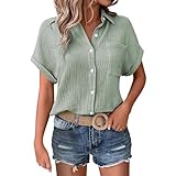 Day Prime 2025 Bluse Damen Sommer Leinenbluse Lässiges Button-Down Shirts V Ausschnitt Hemd Klassische Kragen Tops Oversized Elegant Solide Leinenhemd mit Tasche Lady Work Office Musselin Bluse