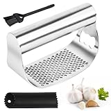 Knoblauchpresse, Knoblauchschneider, Knoblauchpresse Wippe Edelstahl, Kochgerät Knoblauchmühle Küchenhilfe, ergonomische Arbeitsersparnis, mit Knoblauchschäler und Reinigungsbürste