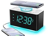 iTOMA Radiowecker, 15 Watt kabellose Ladegerät Bluetooth, USB-Anschluss, Dual-Alarm, Snooze, Dimmer, 1,4-Zoll-Display Cyan-LED-Nachtlicht 207