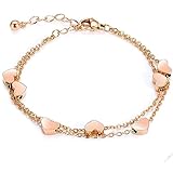 Rosegold Herzen Damen Armband Layered Armband mit Herz Anhängern Doppelt Kette Armband für Frau Armkette Edelstahl Bracelet aus Titan