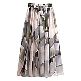 Generic Damen Midi Plisseerock Rundhals Kurzarm Ausgestelltes A-Linie Faltenrock Sommerrock Damen Lang Langrock Prinzessin Blumenrock Für Damen (Pink, One Size)
