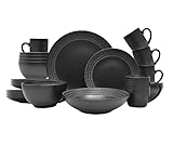 ECHTWERK 30-teiliges Vintage Kombiservice 'BlackStyle' Modern-Design, für 6 Personen, Geschirrset aus Steingut mit 6 x Speiseteller, 6 x Beilagenteller, 6 x Schüssel, 6 x Teetassen, 6 x Suppenteller