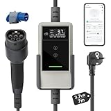 dé Typ 2 Ladekabel Schuko mit APP 3,7kW [7m, 6-16A, 1-phasig] Ladekabel Typ 2 Schuko mit Digitalem LCD - EV Charger 3,7kW Weiß für e Auto ID.3/4/5/7, Model Y/3, ENYAQ und Anderen PHEV/EV