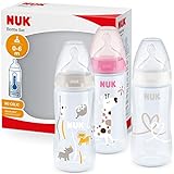 NUK First Choice+ Babyflasche im Set | 0–6 Monate | Temperature Control Anzeige | 300 ml | Anti-Colic-Ventil | BPA-frei | Trinksauger aus Silikon | 3 Stück | rosa Giraffe