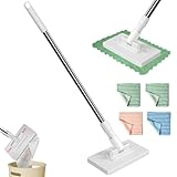 Wischmopp mit Druck Klemm System, Bodenwischer Bodenreinigung mit 4 Wiederverwendbare Mikrofasertücher, Ohne Händewaschen, EIN Knopf zum Wechseln Automatisches Klemmtuch für Haushalt, Büro (1pcs)