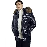 VEQUÈ Herren Winterjacke Daunenjacke gefüttert mit Fellkapuze Freizeitjacke Elegante Jacke Blau und Schwarz, blau, XXL
