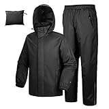 33,000ft Herren Wasserdicht Regenanzug Kapuze Regenjacke Regenhose Packbar Regenmantel Sets Winddicht Zweiteiliger Regenanzug mit Sicherheitsreflektoren für Angeln Wandern Camping, Schwarz , L